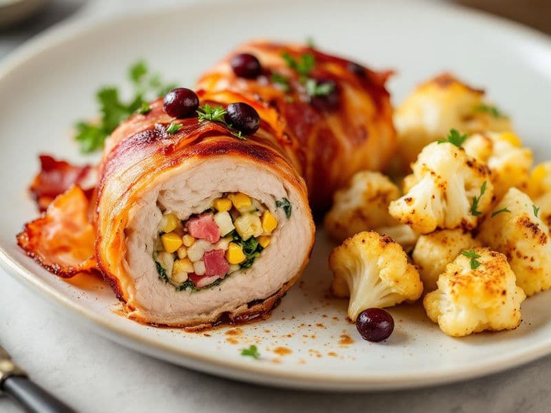 Bacon-Wrapped Pork Tenderloin with Cauliflower - keto recipe 330 kcal