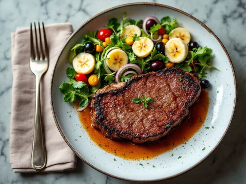 Bife acebolado com salada - receita keto 500 kcal