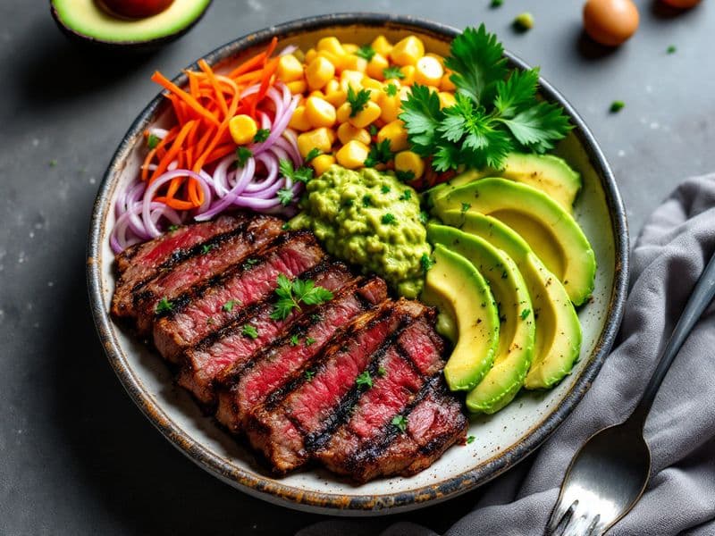 Bowl de carne asada con guacamole - receta keto 520 kcal