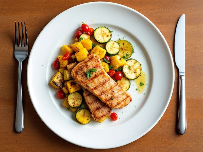 Salmón y Calabacín a la Parrilla con Salsa de Mango - receta keto 350 kcal